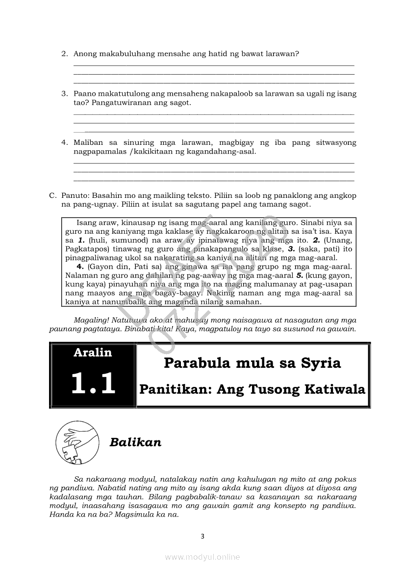 Filipino 10 Modyul 2 Parabula Mula Sa Syria Panitikang Mediterranean Grade 10 Modules