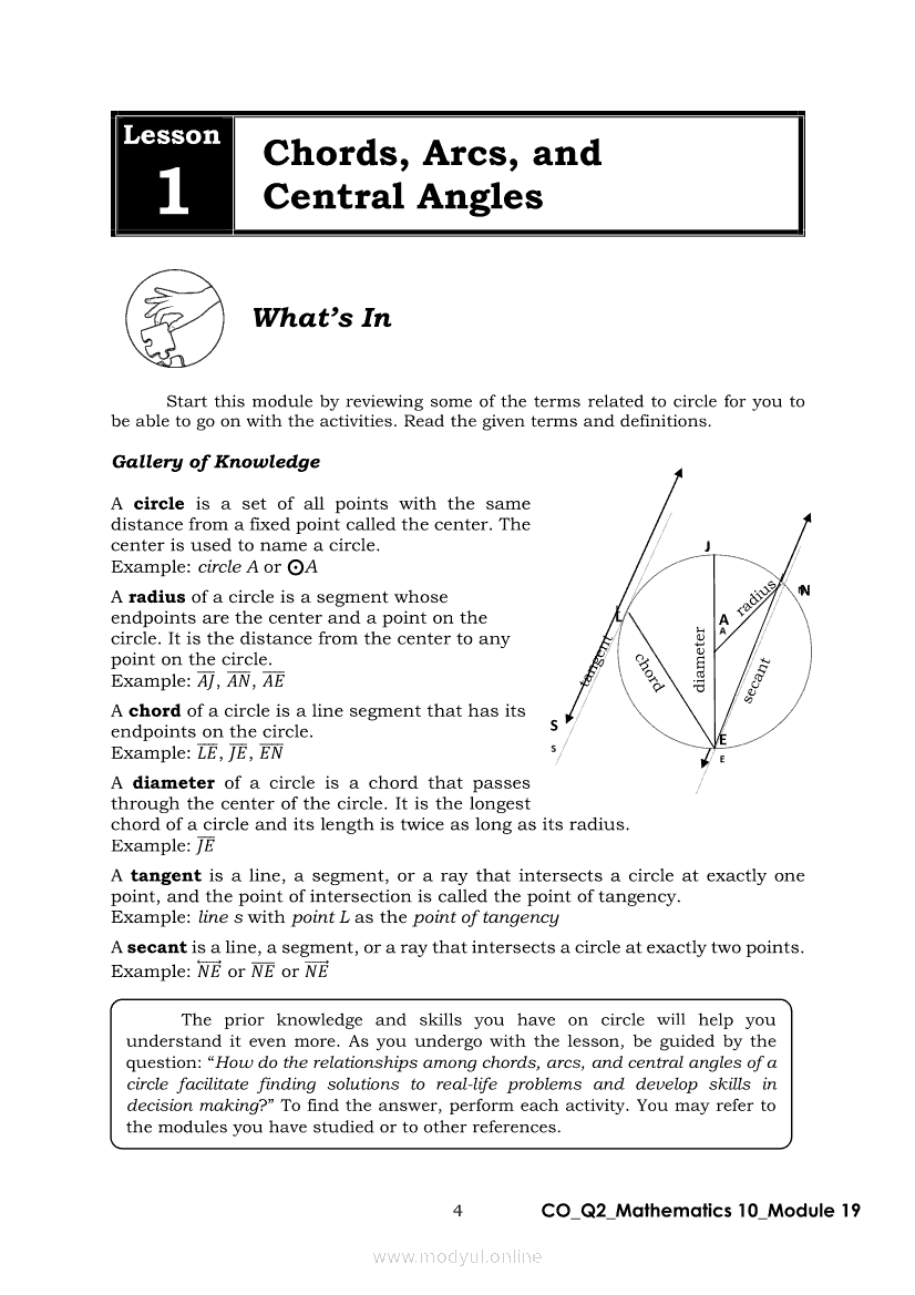 Math 10 Quarter 2 Module 19 The Relations Among Chords Arcs